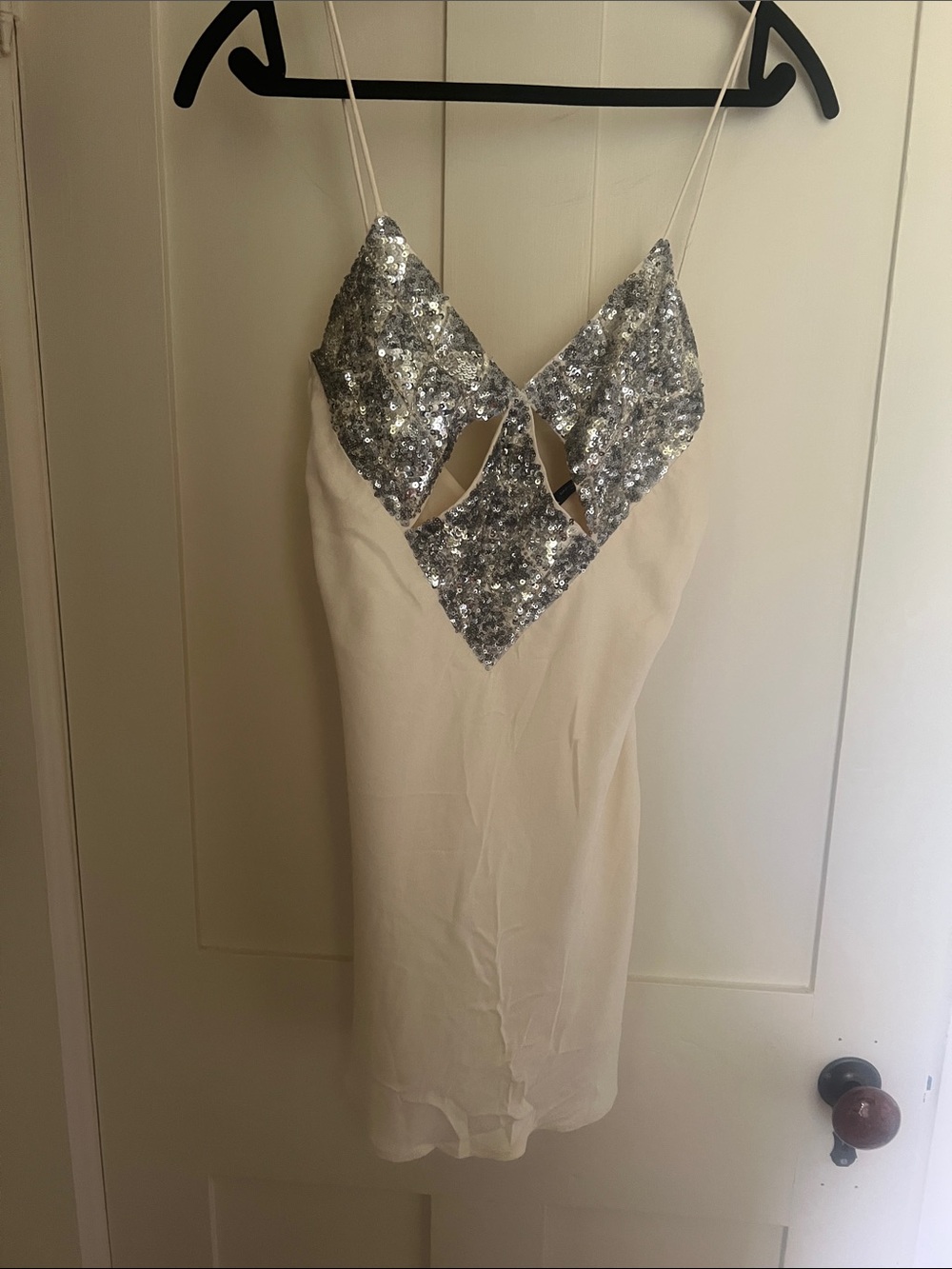 Zara Cream Slip Dress with Silver Sequin V-Neck